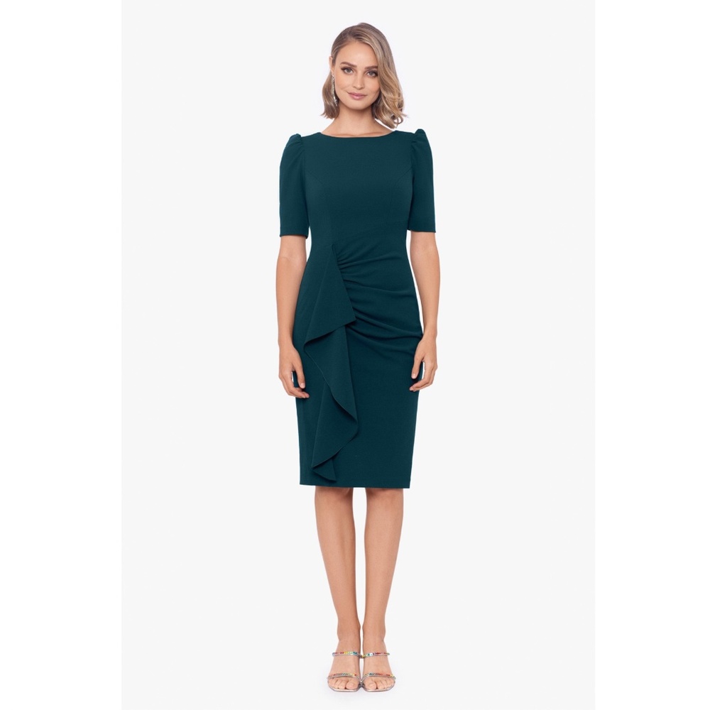 Xscape: "SLOANE" SHORT SCUBA CREPE SIDE RUFFLE DRESS (NWT)